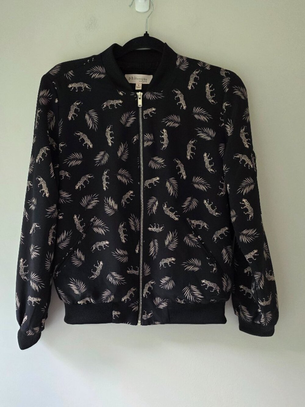 PHILOSOPHY Republic Black Animal Print Track Bomber Jacket | Small | Pockets EUC